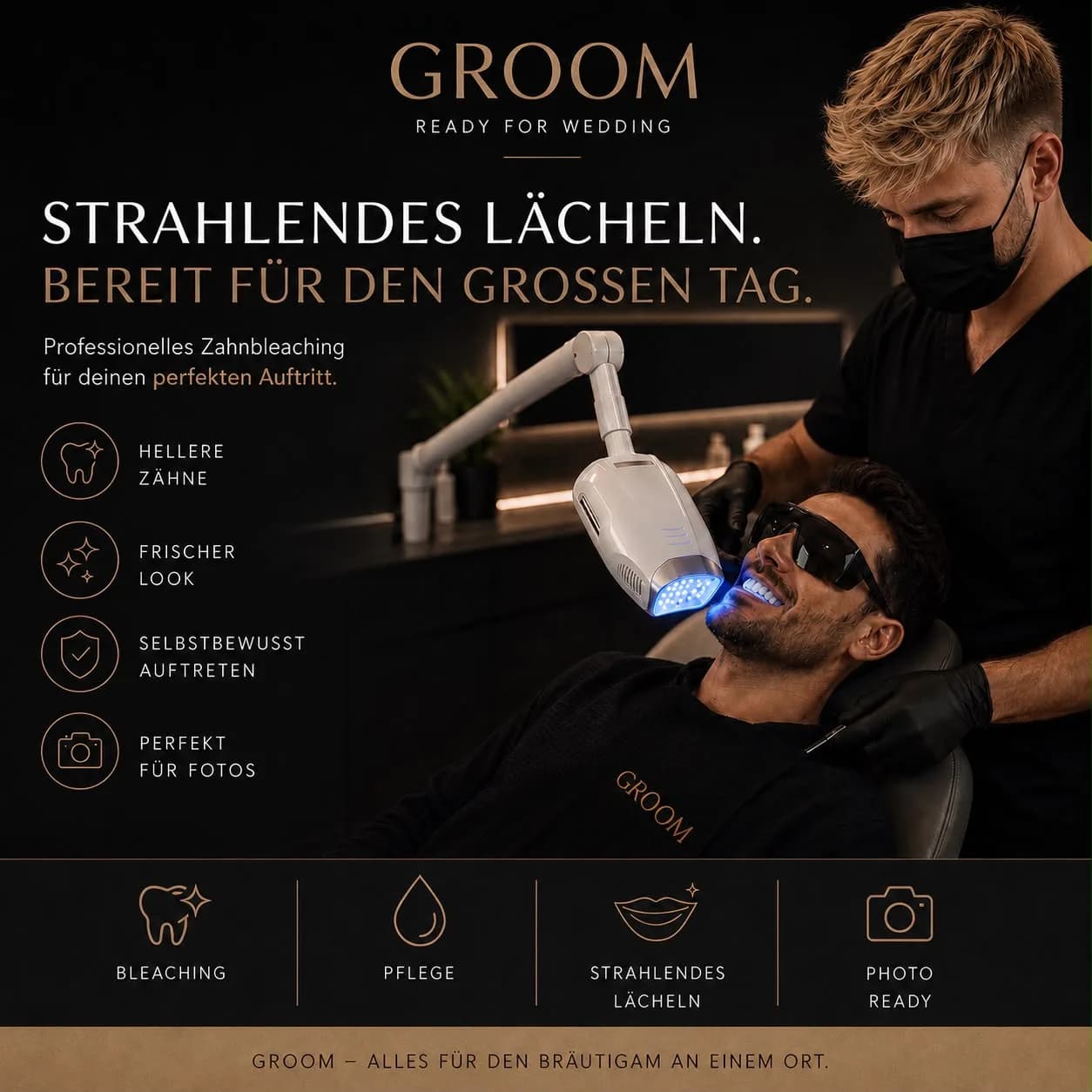 Professionelles Zahnbleaching für einen Bräutigam