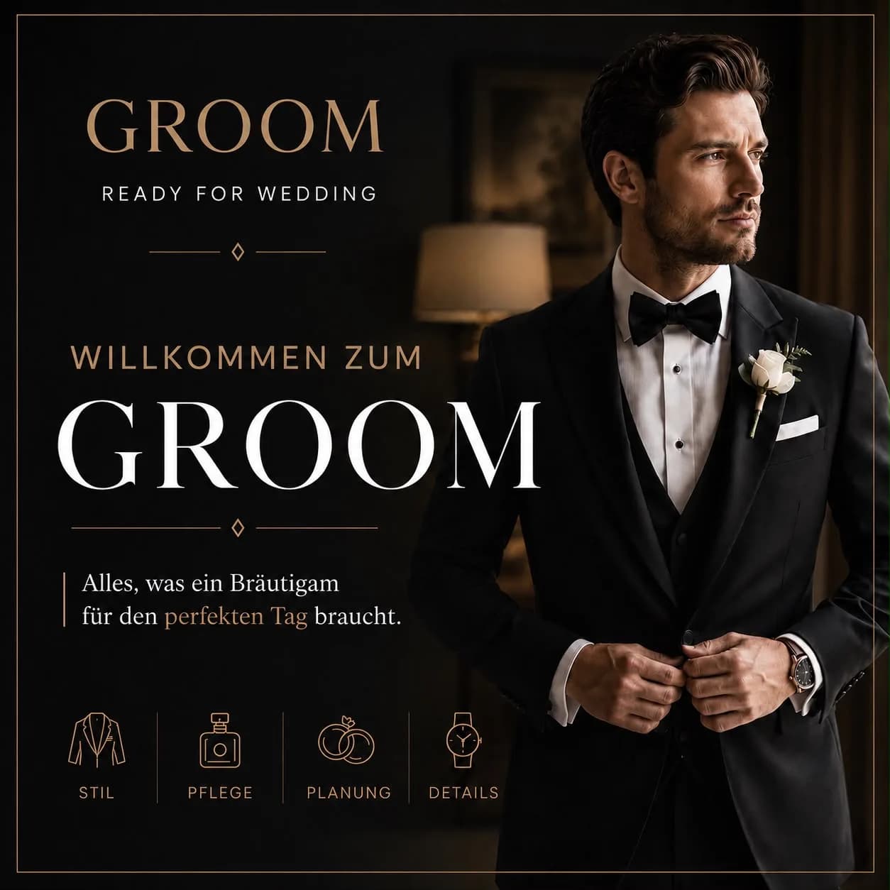 Eleganter Bräutigam im Smoking – bereit für seinen Hochzeitstag