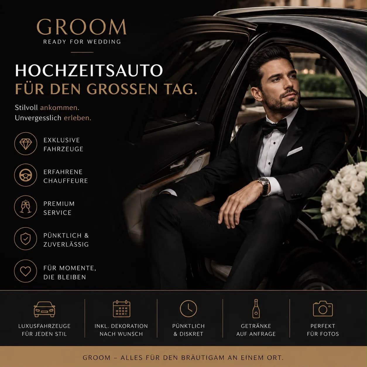 Bräutigam in einem eleganten Hochzeitsauto
