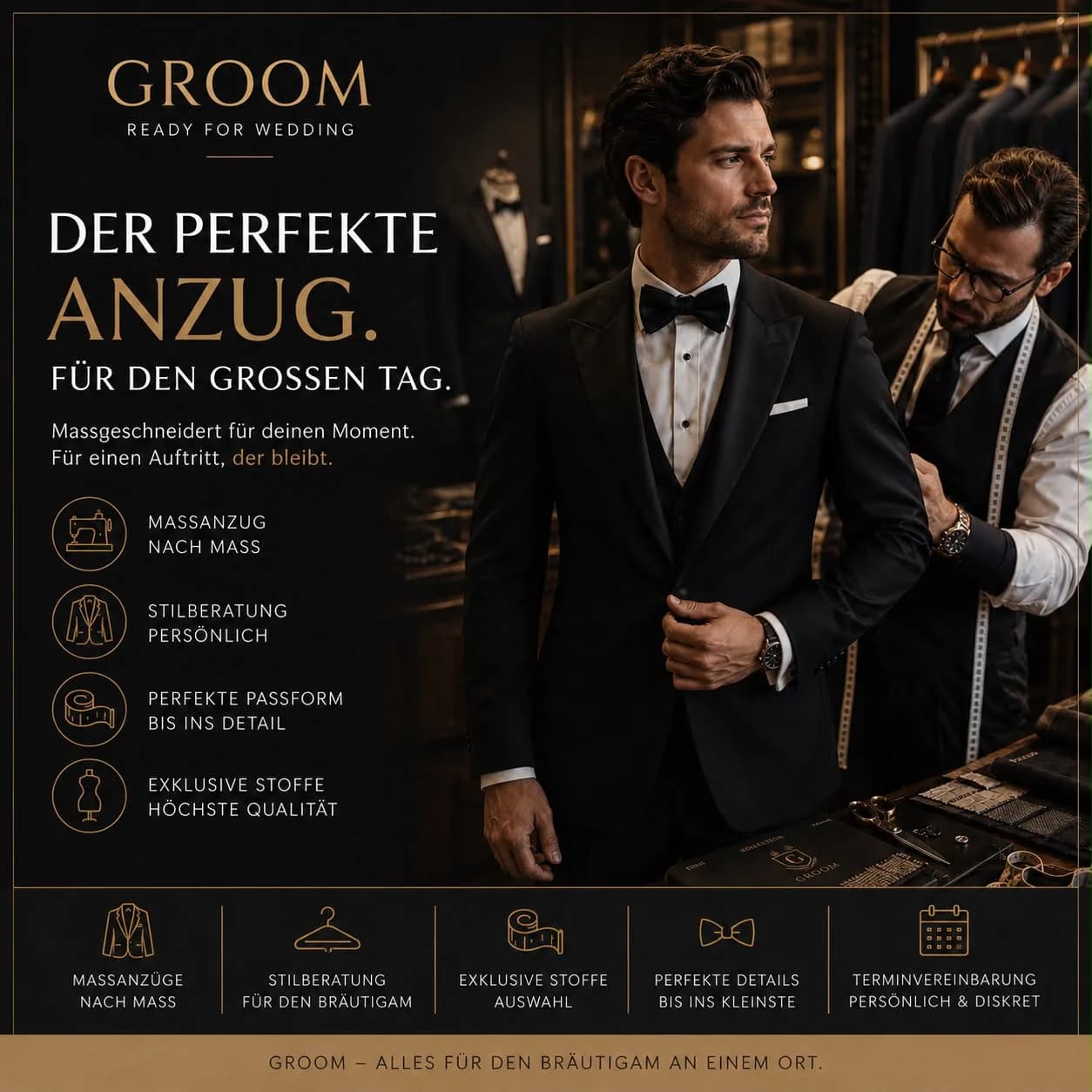 Bräutigam bei der persönlichen Anpassung eines schwarzen Maßanzugs