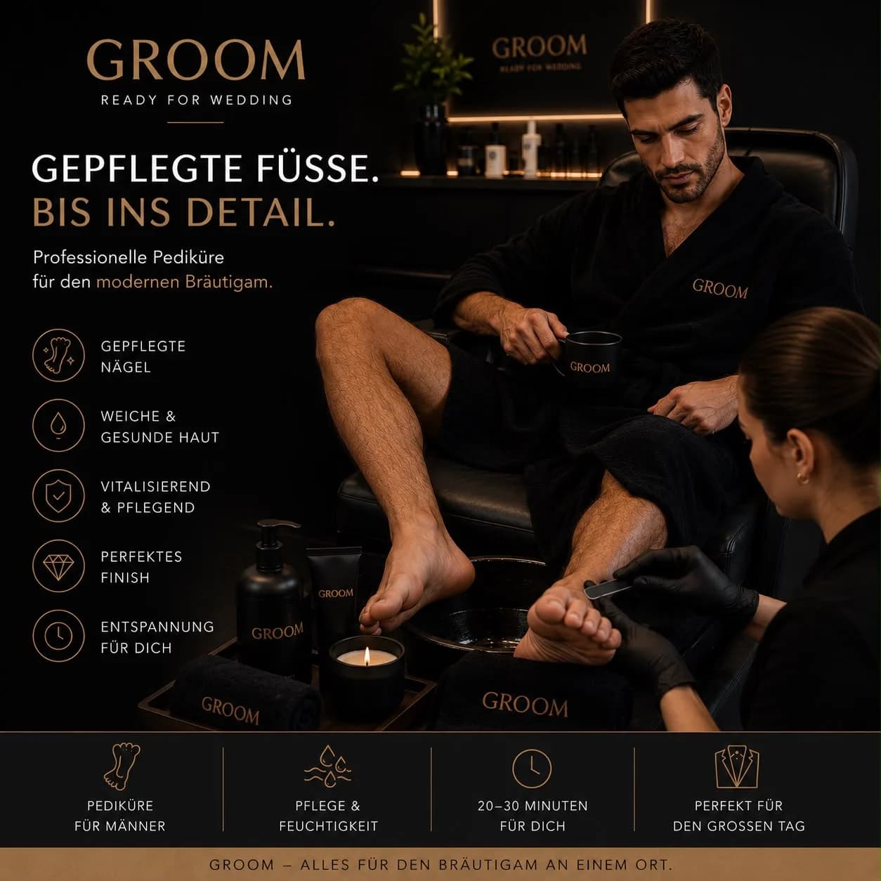 Professionelle Pediküre für einen Bräutigam